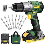 TECCPO Cordless Drill, 20V Drill Set, Power Drill Driver with 530 In-lbs, 1/2 Metal Chuck, 2.0Ah Battery, 24+1 Torque Setting, Fast Charger 2.0A, Variable 2-Speed, Drill with 33pcs