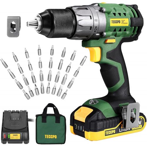  TECCPO Cordless Drill, 20V Drill Set, Power Drill Driver with 530 In-lbs, 1/2 Metal Chuck, 2.0Ah Battery, 24+1 Torque Setting, Fast Charger 2.0A, Variable 2-Speed, Drill with 33pcs