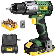 TECCPO Cordless Drill, 20V Drill Driver 2000mAh Battery, 530 In-lbs Torque, Torque Setting, Fast Charger 2.0A, 2-Variable Speed, 33pcs Accessories, 1/2 Metal Keyless Chuck