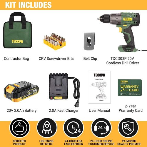  TECCPO Cordless Drill, 20V Drill Driver 2000mAh Battery, 530 In-lbs Torque, Torque Setting, Fast Charger 2.0A, 2-Variable Speed, 33pcs Accessories, 1/2 Metal Keyless Chuck