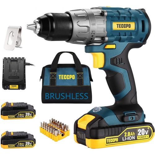  TECCPO Cordless Drill Brushless, 20V Li-ion Drill Driver Set, 2 x 2.0Ah Batteries, 530 In-lbs Torque, 1/2”Keyless Chuck, 21+1 Torque Settings, 1H Fast Charger, 33pcs Bits Accessori