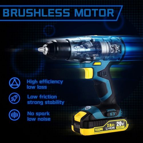  TECCPO Cordless Drill Brushless, 20V Li-ion Drill Driver Set, 2 x 2.0Ah Batteries, 530 In-lbs Torque, 1/2”Keyless Chuck, 21+1 Torque Settings, 1H Fast Charger, 33pcs Bits Accessori