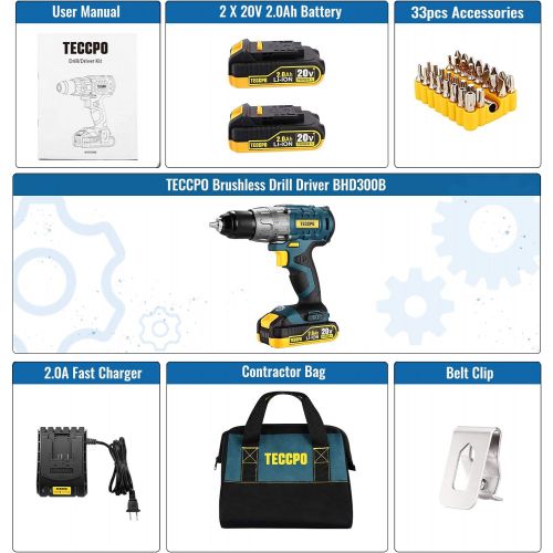  TECCPO Cordless Drill Brushless, 20V Li-ion Drill Driver Set, 2 x 2.0Ah Batteries, 530 In-lbs Torque, 1/2”Keyless Chuck, 21+1 Torque Settings, 1H Fast Charger, 33pcs Bits Accessori