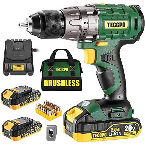  TECCPO Cordless Drill Set, 20V Brushless Drill Driver Kit, 2x 2.0Ah Li-ion Batteries, 530 In-lbs Torque, 1/2”Keyless Chuck, 2-Variable Speed, Fast Charger, 33pcs Bits Accessories w