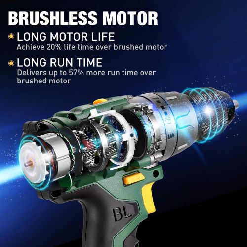  [아마존베스트]TECCPO Cordless drill, Brushless 20V 1/2” Drill Driver, 2x2000mAh Batteries, 530 In-lbs Torque, 21+1 Torque Setting, Fast Charger 2.0A, 2-Variable Speed, 33pcs Accessories