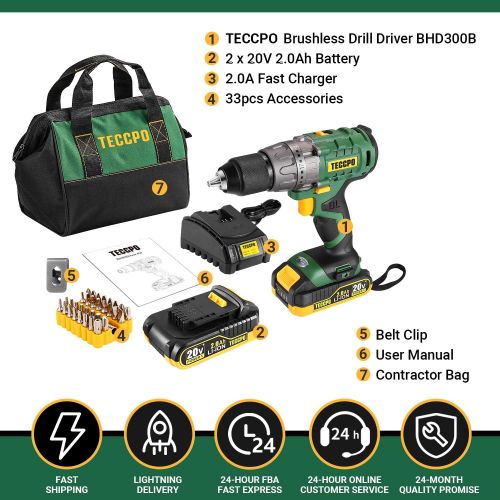  [아마존베스트]TECCPO Cordless drill, Brushless 20V 1/2” Drill Driver, 2x2000mAh Batteries, 530 In-lbs Torque, 21+1 Torque Setting, Fast Charger 2.0A, 2-Variable Speed, 33pcs Accessories