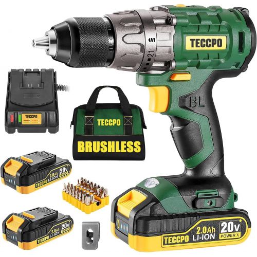  [아마존베스트]TECCPO Cordless drill, Brushless 20V 1/2” Drill Driver, 2x2000mAh Batteries, 530 In-lbs Torque, 21+1 Torque Setting, Fast Charger 2.0A, 2-Variable Speed, 33pcs Accessories