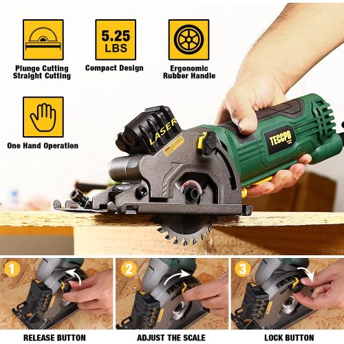  [아마존베스트]Circular Saw, TECCPO 4.8Amp 3700 RPM Compact Mini Circular Saw 3-3/8” with Laser Guide, 3 Saw Blades, Scale Ruler and Pure Copper Motor, Ideal for Wood, Tile, Aluminum and Plastic