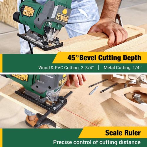  [아마존베스트]TECCPO 6.5Amp Jigsaw, 3000 SPM Jig saw with Laser, 6 Variable Speed, Tool-free Switching Angle(-45°-45°), 6 Blades, Carrying Case, Scale Ruler, Pure Copper Motor -TAJS01P