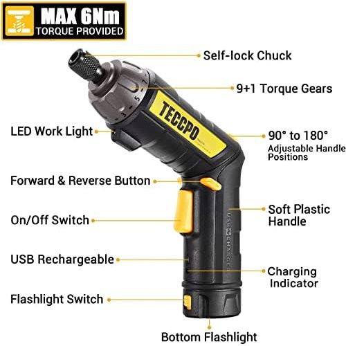  [아마존베스트]TECCPO Cordless Screwdriver, 45PCS Accessories, 9+1 Torque Gears, 1/4 Hex Quick Change, Self-lock Chuck, 6Nm Electric Screwdriver, 4V 2000mAh Li-ion, 2 Position Handle with 2 LED, USB Rec