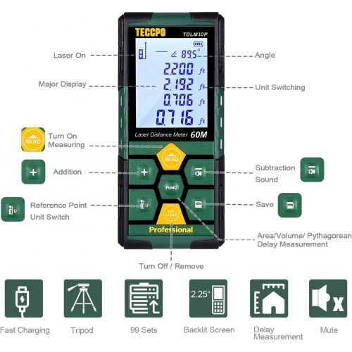  [아마존베스트]Laser Measure Rechargeable, TECCPO Laser Distance Meter 196ft, 99 Sets Data Storage, Electronic Angle Sensor, 2.25 LCD Backlit, Mute Function, Measure Distance, Area, Volume, Pytha