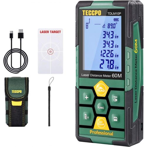  [아마존베스트]Laser Measure Rechargeable, TECCPO Laser Distance Meter 196ft, 99 Sets Data Storage, Electronic Angle Sensor, 2.25 LCD Backlit, Mute Function, Measure Distance, Area, Volume, Pytha