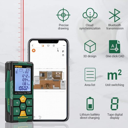  [아마존베스트]TECCPO Laser Measure Rechargeable with Bluetooth, POPOMAN Laser Distance Meter 196ft, Intelligent House App for Floor plan, 2.25 LCD Backlit, Measure Distance, Area, Volume, Pythagoras -