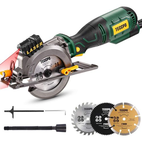  Mini Circular Saw, TECCPO 5.8A Circular Saw with Laser Guide, Fine Copper Motor, Max Cutting Depth 1-11/16 (90°), 1-1/8 (45°), 3 Blades for Wood, Soft Metal, Tile Cuts - TPMS115A
