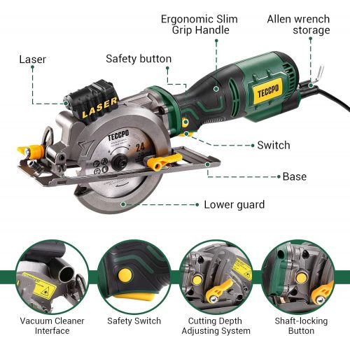  Mini Circular Saw, TECCPO 5.8A Circular Saw with Laser Guide, Fine Copper Motor, Max Cutting Depth 1-11/16 (90°), 1-1/8 (45°), 3 Blades for Wood, Soft Metal, Tile Cuts - TPMS115A