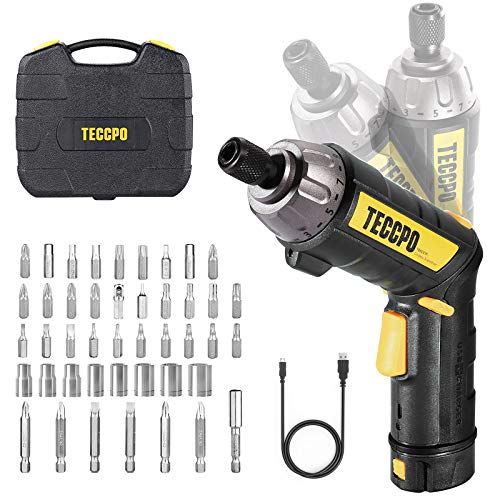  TECCPO Electric Screwdriver, 6Nm, 45PCS Accessories, 9+1 Torque Gears, 1/4 Hex Quick Change, Self-lock Chuck, Cordless Screwdriver, 4V 2000mAh Li-ion, Adjustable 2 Position Handle with 2