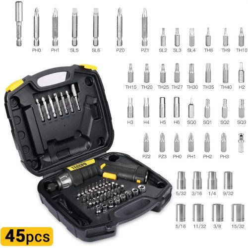  TECCPO Electric Screwdriver, 6Nm, 45PCS Accessories, 9+1 Torque Gears, 1/4 Hex Quick Change, Self-lock Chuck, Cordless Screwdriver, 4V 2000mAh Li-ion, Adjustable 2 Position Handle with 2