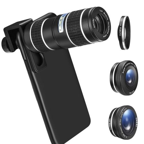  Phone Camera Lens Kit, TECHO 5 in 1 Cell Phone Lenses - 12X Zoom Telephoto Lens + Wide Angle Lens + Fisheye Lens + Macro Lens + Monocular Telescope Compatible with iPhone, Android,