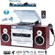 TechPlay Karaoke Enabled, 30W RMS, Retro Classic Turntable, NFC Bluetooth, Double Cassette Player/Recorder, CD MP3 Player, USB SD Ports, AM/FM Digital Alarm Clock and Full Remote C