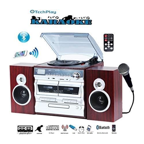  TechPlay Karaoke Enabled, 30W RMS, Retro Classic Turntable, NFC Bluetooth, Double Cassette Player/Recorder, CD MP3 Player, USB SD Ports, AM/FM Digital Alarm Clock and Full Remote C