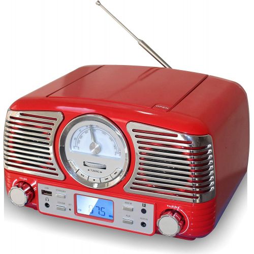  [아마존베스트]TechPlay QT62BT RED, Retro Design Compact Stereo CD, with AM/FM Rotary knob, Wireless Bluetooth Reception and USB Port. with AUX in and Headphone Jack