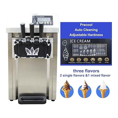  TECHTONGDA Commercial Soft Ice Cream Machine 3 Flavors Electric Soft Ice Cream Maker Precooling Auto Clean LED Display