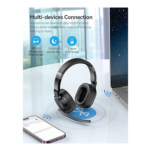  TECKNET Bluetooth Trucker Headset, Single and Dual Ear Wireless Headset with Mic for Work Noise Cancelling, 50Hrs 3 EQ Music Modes Trucker Bluetooth Headset for PC, Drivers, Office, Call Center Work