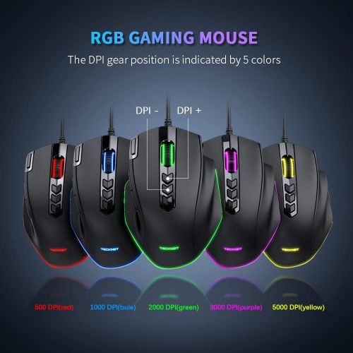  TECKNET Gaming Mouse, Computer Mouse with 10000DPI, Ergonomic Design, USB Optical Wired Gaming Mouse with RGB LED Backlit, 10 Programmable Buttons Game Mice for Windows PC Gamers (