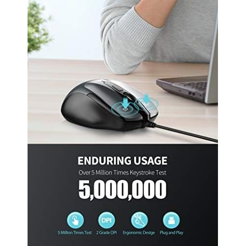  [아마존베스트]TECKNET 6-Button USB Wired Mouse with Side Buttons, Optical Computer Mouse with 1000/2000DPI, Ergonomic Design, 5ft Cord, Support Laptop Chromebook PC Desktop Mac Notebook-Grey