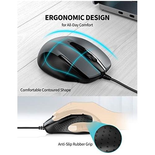  [아마존베스트]TECKNET 6-Button USB Wired Mouse with Side Buttons, Optical Computer Mouse with 1000/2000DPI, Ergonomic Design, 5ft Cord, Support Laptop Chromebook PC Desktop Mac Notebook-Grey