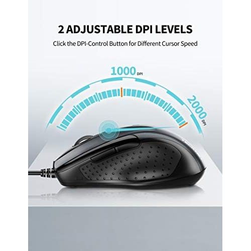  [아마존베스트]TECKNET 6-Button USB Wired Mouse with Side Buttons, Optical Computer Mouse with 1000/2000DPI, Ergonomic Design, 5ft Cord, Support Laptop Chromebook PC Desktop Mac Notebook-Grey