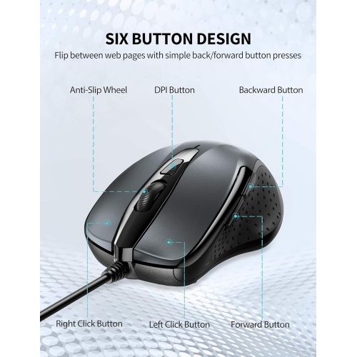  [아마존베스트]TECKNET 6-Button USB Wired Mouse with Side Buttons, Optical Computer Mouse with 1000/2000DPI, Ergonomic Design, 5ft Cord, Support Laptop Chromebook PC Desktop Mac Notebook-Grey