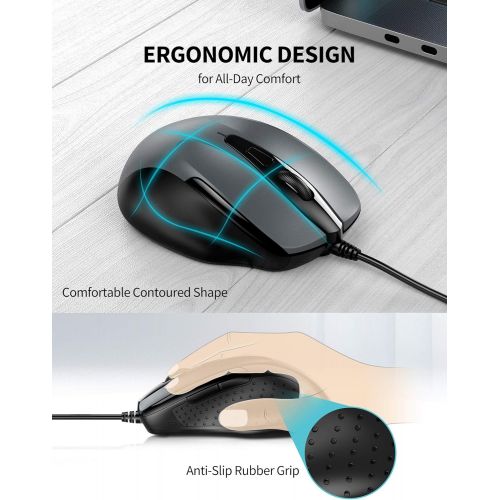  [아마존베스트]TECKNET 6-Button USB Wired Mouse with Side Buttons, Optical Computer Mouse with 1000/2000DPI, Ergonomic Design, 5ft Cord, Support Laptop Chromebook PC Desktop Mac Notebook-Grey