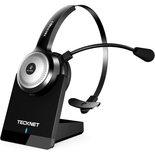  TECKNET Bluetooth 5.0 Wireless Headset with AI Noise Cancelling Microphone and Charging Base for Laptop, On Ear Bluetooth Headphone Telephone Headset for PC, Cell Phone, Skype, All