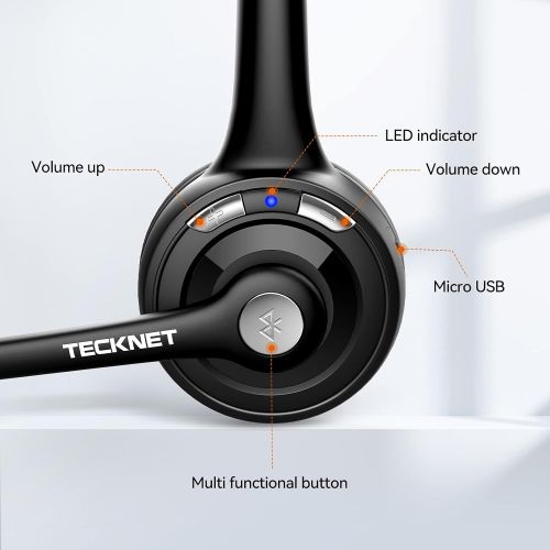  TECKNET Trucker Bluetooth Headset, Wireless On Ear Headphones with Noise Cancelling Microphone for Cellphone PC, Single Ear Headset with Mute Mic for Home, Office, Call Center, Sky