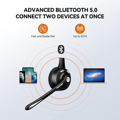  TECKNET Trucker Bluetooth Headset, Wireless On Ear Headphones with Noise Cancelling Microphone for Cellphone PC, Single Ear Headset with Mute Mic for Home, Office, Call Center, Sky