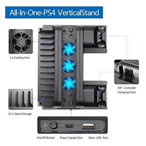 [아마존베스트]TECTINTER PS4/ PS4 Slim/ PS4 Pro USB Cooling Fan Multifunctional Vertical Cooler PS4 Stand For PlayStation 4 Console with Dual Controller Charge Station and 12 Game Storage