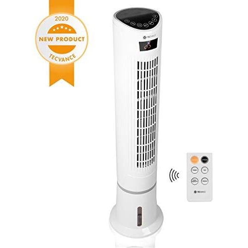  TECVANCE Air Cooler - Ventilator mit Wasserkuehlung, Fernbedienung, Timer (9 Stunden) & 3 Stufen, Turmventilator mit Spruehnebel, Saulenventilator mit Eiswuerfel-Fach, 80° oszillieren