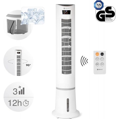  TECVANCE Air Cooler - Ventilator mit Wasserkuehlung, Fernbedienung, Timer (9 Stunden) & 3 Stufen, Turmventilator mit Spruehnebel, Saulenventilator mit Eiswuerfel-Fach, 80° oszillieren