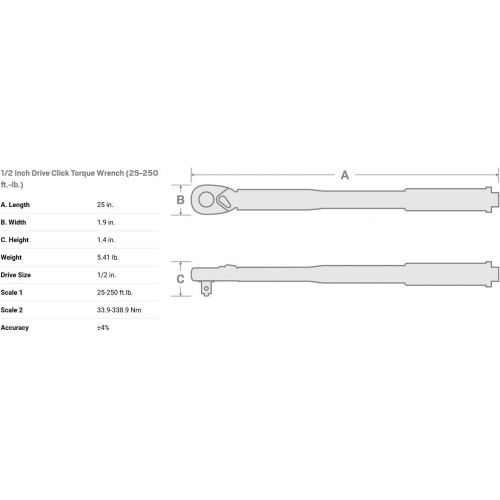  TEKTON 1/2 Inch Drive Click Torque Wrench (25-250 ft.-lb.) | 24340