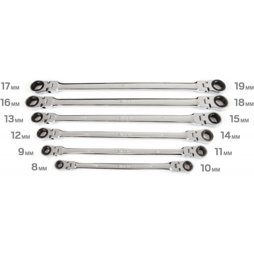  TEKTON WRN77164 Extra Long Flex-Head Ratcheting Box End Wrench Set with Store and Go Keeper, Metric, 8 mm - 19 mm, 6-Piece