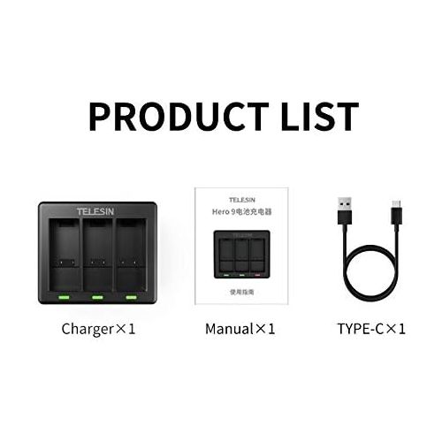  TELESIN 3-Channels USB Charger for GoPro Hero 9 Black with Type-C Charger Cord Fully Compatible with Go Pro 9 Original Batteries