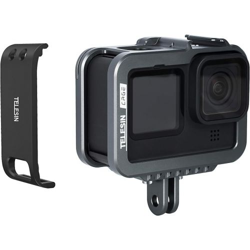  TELESIN Aluminum Protective Case + Battery Cover with Charging Interface for GoPro Hero 9 Black, Frame Housing Skeleton Cage with Cold Shoe Mount to Connect Video Light and Microph