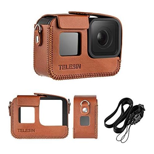  TELESIN PU Leather Case for GoPro Hero 8 Black Frame Cover Mini Protector Black Brown with Long Strap Accessories (for Hero8, Brown)