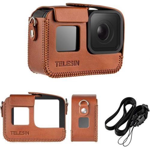  TELESIN PU Leather Case for GoPro Hero 8 Black Frame Cover Mini Protector Black Brown with Long Strap Accessories (for Hero8, Brown)