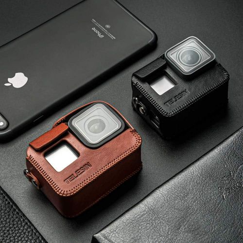  TELESIN PU Leather Case for GoPro Hero 8 Black Frame Cover Mini Protector Black Brown with Long Strap Accessories (for Hero8, Brown)