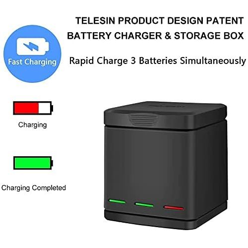  TELESIN Triple Charger Battery Charging Box with 3 Battery Pack, Storage Cases, USB Type-C Cable, Camera Lens Cover, Screen & Lens Protector 6 in 1 Accessory Kit for GoPro Hero8 Bl