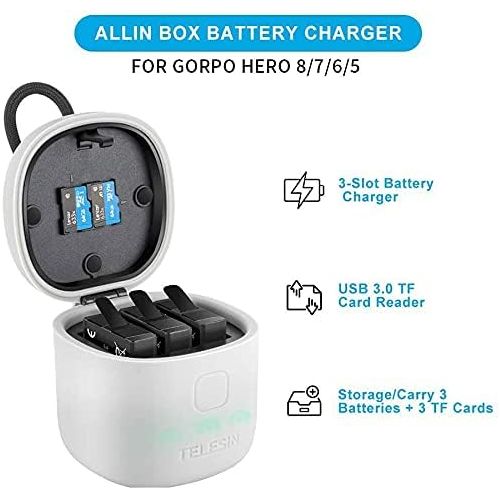  TELESIN Allin Box Charger & SD Card Reader Kit - Triple Charger,for GoPro Hero8 Black/Hero 5/6 / 7 Black 2018 with 2 Replacement Batteries