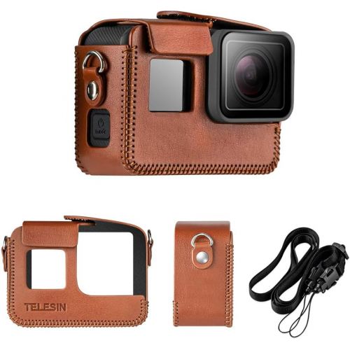  TELESIN PU Leather Case for GoPro Hero 8 for Hero 5 6 7 Black Frame Cover Mini Protector Black Brown with Long Strap Accessories (for Hero7/6/5, Brown)