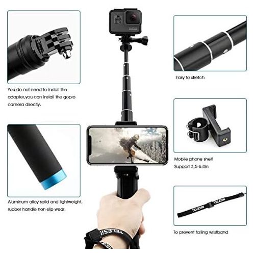  [아마존베스트]Telesin 6-in-1 Aluminium Alloy Handheld Expandable Bag Purse Size Monopod Selfie Stick with Tripod Mount & Phone Clip for Apple, Android Smartphones, Gopro Camera